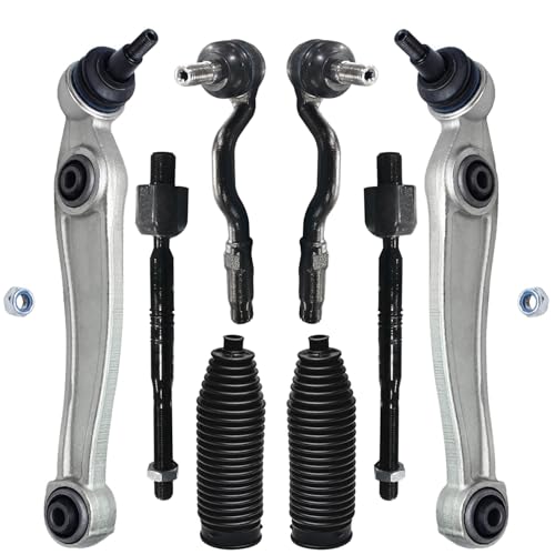 Image of Detroit Axle - 8pc Front End Kit for 2007-2013 BMW X5 2008-2014 X6, 2 Lower Rearward Control Arms with Ball Joint 4 Inner Outer Tie Rods 2 Boots 2009 2010 2011 2012 Replacement