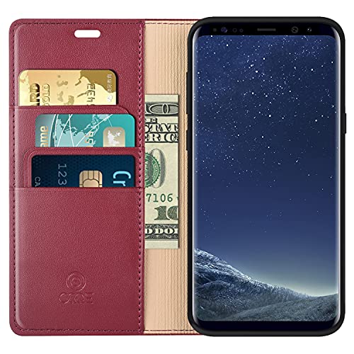 Oqqe For Samsung Galaxy S8+ Plus 6.2" Wallet Case，Cowhide Genuine Leather Folio Flip Cover Shell Anti-Fall Shockproof Tpu [Rfid Blocking] Credit Card Holder [Kickstand Function] Folding,Women Wine Red #TOP2