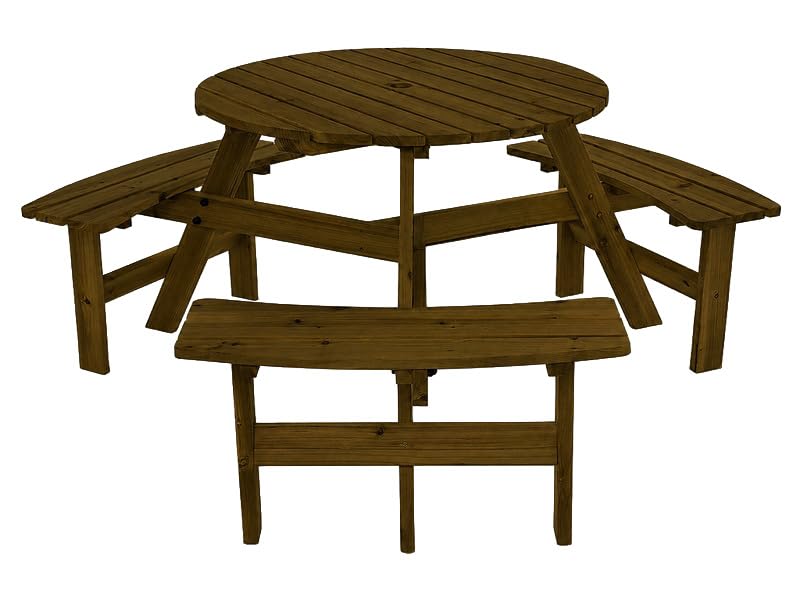 The Workplace Depot 6 Seater Round Bench – 1100 mm Diameter Cedar Wood Outdoor Table with Integrated Seating, Parasol-Ready Garden & Pub Furniture (Wooden - Dark Brown)