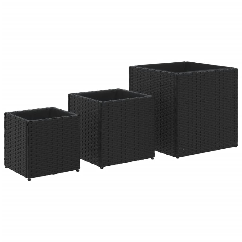 vidaXL Garden Planters 3 pcs, Plant Pot for Patio Balcony Terrace, Flower Pot for Flower Herb Plant, Outdoor Planter Box, Black Poly Rattan