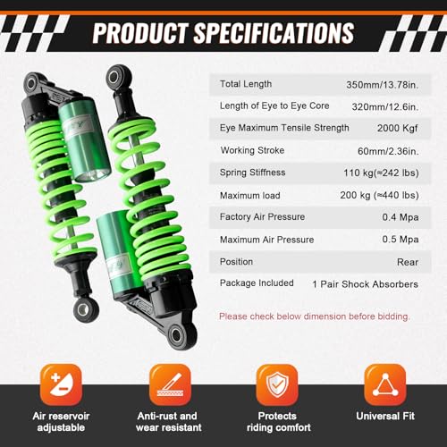 Image of GZYF 320mm 12.6 inch Pair Universal Motorcycle Rear Air Shock Absorbers for HONDA for Suzuki for Kawasaki for Yamaha ATV Go Kart Quad Dirt Sport Bikes,Green,12.5 inch
