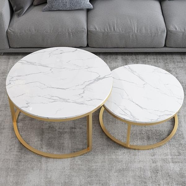 Image of Elegance Iron & Wooden Round Retro Golden Side Tables - Night Stand, Bedside, Sofa Side, Coffee, Centre, Nesting and Bar Table Set of 2 (Golden & White)