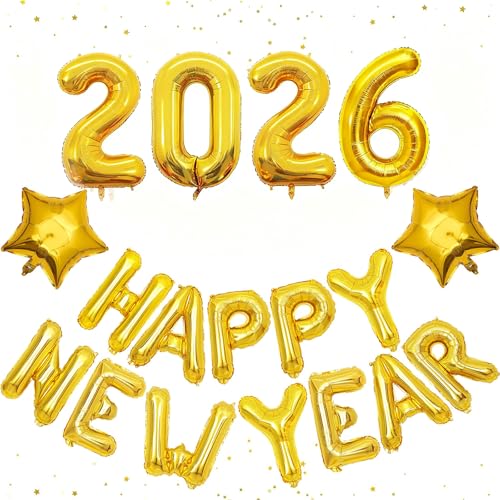 Silvester Deko 2026, 18 Stück New Year Decoration 2026 Set, Glänzende Gold...