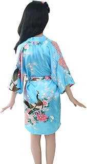 Roupas de quimono de cetim de seda floral macio para bebês meninas para adolescentes, roupa de banho hidrófilo (azul celeste, 5-7 anos), Azul-celeste, 5-7 Years