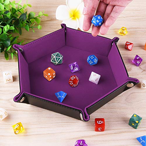 Image of SIQUK Double Sided Dice Tray, Folding Hexagon PU Leather and Velvet Dice Holder for Dungeons and Dragons RPG Dice Gaming D&D and Other Table Games, Dark Violet