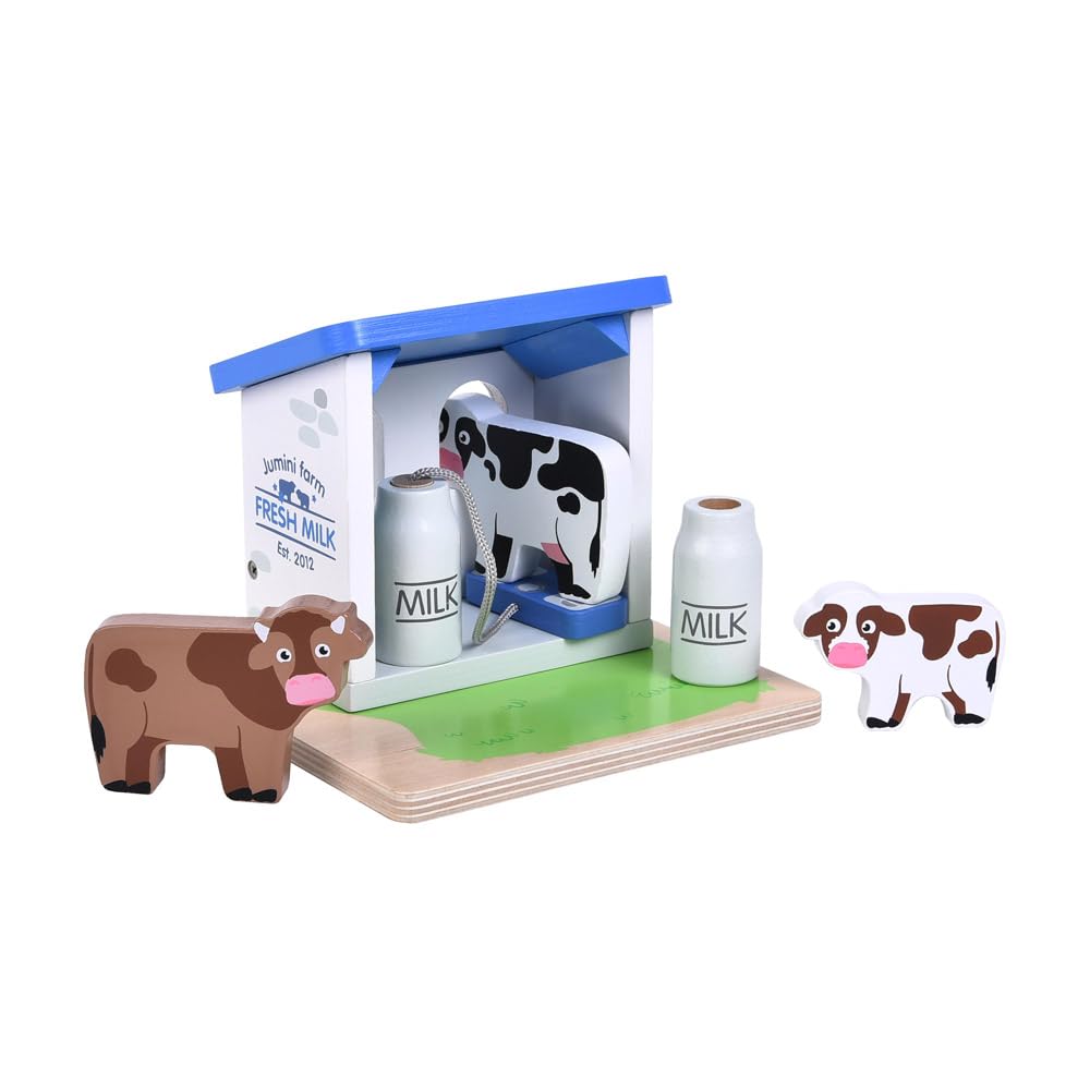 jumini Wooden Home Farm Barn Set  Includes Animals & Farmer | FSC Wood | Montessori-Friendly Toy | Compatible with Other Farm Sets | Suitable for Age 18months+ (Milking Parlour)
