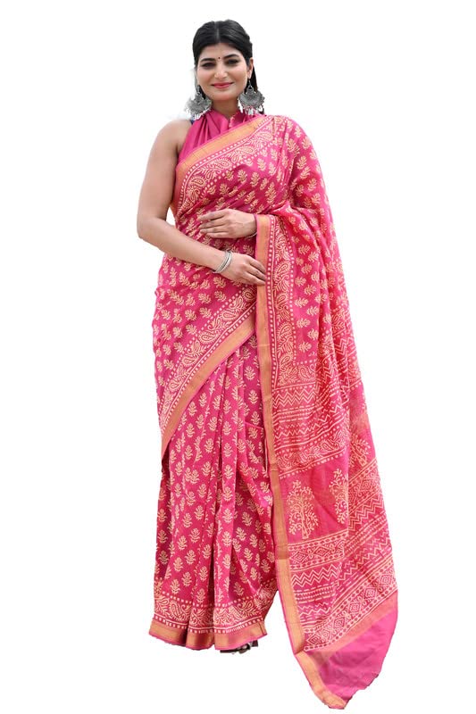 Shivanya Handicrafts Tessuto di cotone stampato a blocchi a mano sari con camicetta tradizionale Jaipuri stampa 128, multicolore, 5,5 metri, multicolore, 5,5 metri, Multicolore, 5.5 Meters