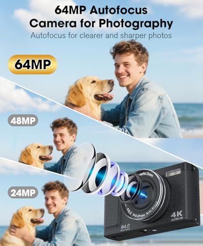 4K 64MP Digital Camera with Flip Screen, Retro Vlogging Cameras for YouTube, Compact Photography Camera Gift for Beginners & Teens, Travel Video Camera with 32G Card, 2 Batteries(Black) - Image 3