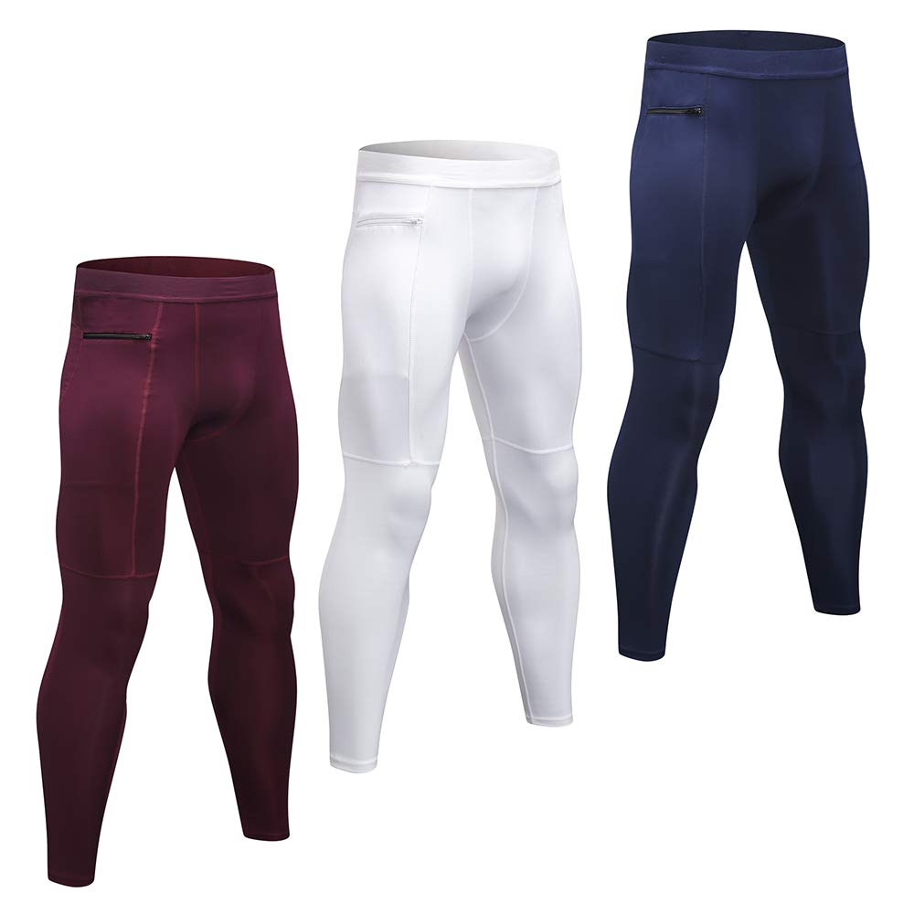 homgeel 3 Pack Men Pants Stretchable Bodycon Moisture-Wicking Quick Dry Zipper Pocket Running Tights Workout Leggings Sportswear-picture-18