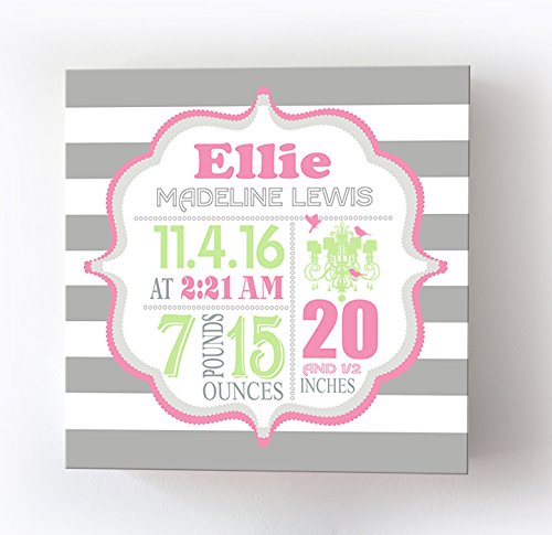 Personalized Stretched Canvas Birth Announcement Gift, Custom Baby Name, Date, Weight Stats, Newborn Chandelier Nursery Wall Art Decor, Wooden Frame Construction, Ready to Hang 16X16
