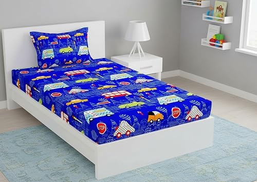 Image of Filymore Blue Car Design Elastic Fitted Bedsheet for Kids Room Single Bed 240 TC Soft Microfiber 2 Pieces 1 Bedsheet and 1 Pillow Cover Size 72x36 Inches Fit up to 6 Inches Mattress Blue and Red