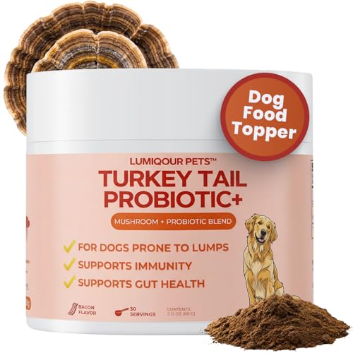Lumiqour Turkey Tail Mushroom for Dogs Turkey Tail Mushroom Powder with Probiotics for Immune and Digestive Support Supports Lumps and Bumps Bacon Flavored Daily Dog Supplement