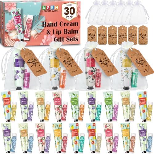 AZEN 30 Sets Bulk Gifts, Hand Cream and Lip Balm Bulk Set with Organza Bag Thank You Card, Baby Shower Wedding Gifts for Guests, Bridal Wedding Favors