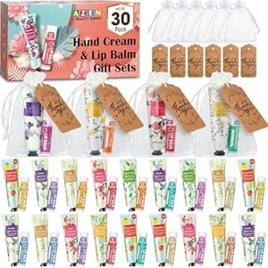 AZEN 30 Sets Bulk Gifts, Hand Cream and Lip Balm Bulk Set with Organza Bag Thank You Card, Baby Shower Wedding Gifts for Guests, Bridal Wedding Favors for Guests,Thank You Gifts for Women