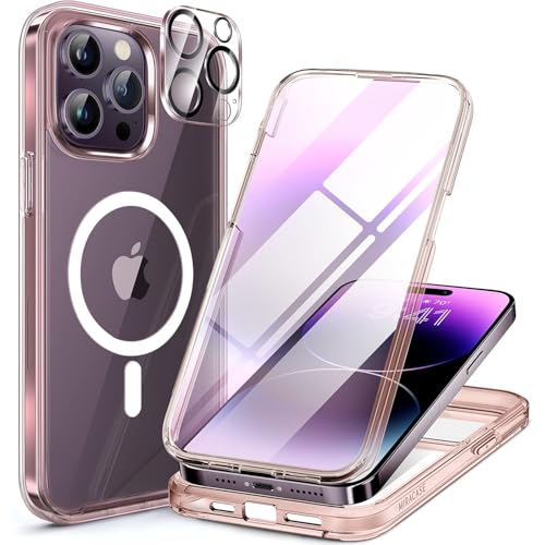 Image of Miracase Magnetic Designed for iPhone 14 Pro Max Case 6.7 inch (Compatible with MagSafe) Upgrade Full-Body Clear Phone Bumper Case with Built-in 9H Tempered Glass Screen Protector, Magnetic Clear Pink