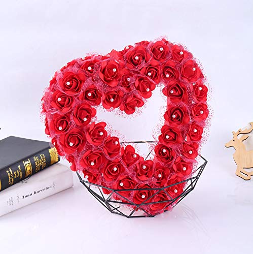 idyllic Heart Shaped Wreath Floral Rose Artificial Garland Door Wreath for Home Wedding Valentine's Day Decoration, Red, 14 inches