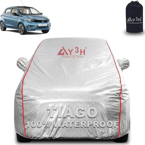 Image of 100% Waterproof Car Cover Compatible with Tata Tiago | All Weather, Dust Proof, UV Protective with Mirror Pocket (Silver Magic)
