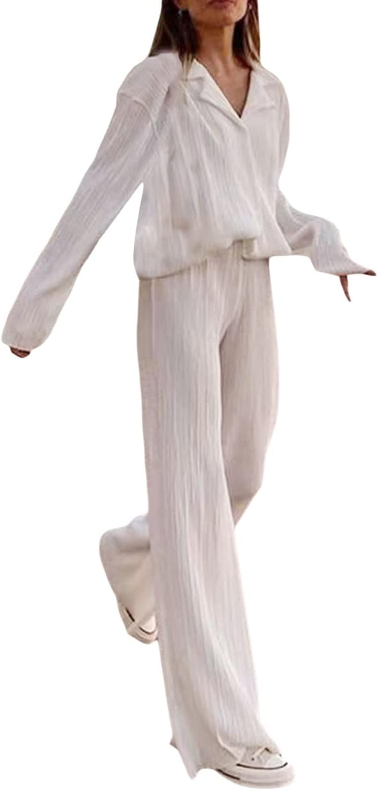 WUOOYOQWomen Pleated 2 Piece Pants Outfits Casual Loose Button Shirt Blouse Top Long Wide Leg Palazzo Pants Set Jumpsuit