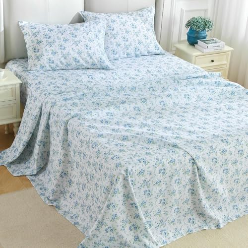 Image of MUXHOMO TwinXL Size 4 Piece Sheet Set, Soft Breathable Bed Sheet Set for Bedroom with Deep Pocket Up to 16 inch, Wrinkle-Free & Cooling Bedding for Oeko-TEX Certified - Blossoms Light Blue