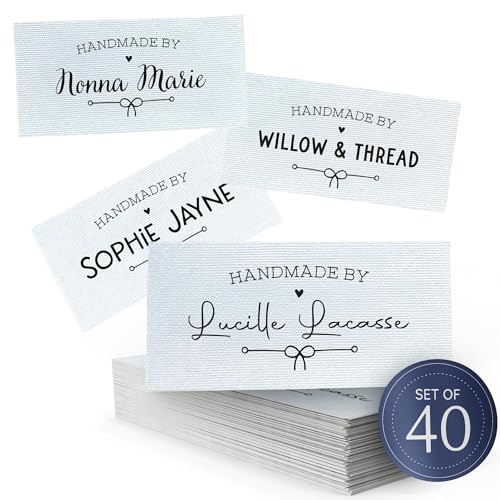 Personalized Sewing Labels 1”x2”, Set of 40 Custom Cotton Fabric Tags, Sew On or Iron On, Machine Washable Labels for Quilters, Knitters, Crafters, Heart Labels (Bow and Heart)