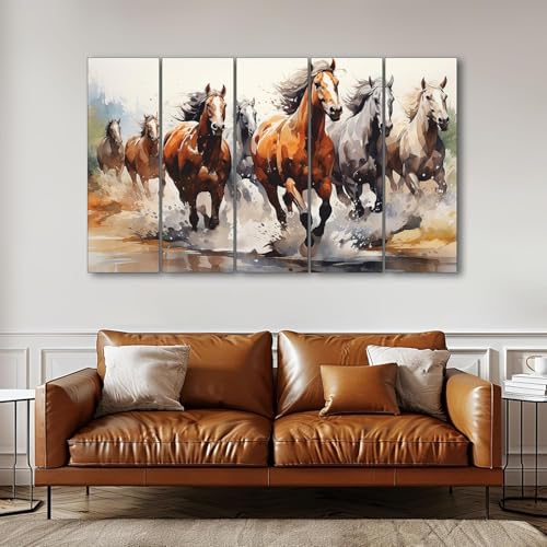 Image of Maxstone 7 Horses Wall Painting for Living Room Big Size - 7 Running Horses Painting Vastu for Bedroom, Office, Hotel - Wall Decor Digital Painting Wooden Framed for Gifting (30x60 inch) M1392