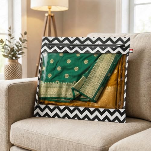 Image of Lukzer Single Non-Woven Zigzag Printed Saree Covers for Storage Set of 6 (16 x 14 Inch) Big Size Bags with Zip Closure & Transparent Window Wardrobe Organizer for Clothes /Lehenga /Dresses SSC-02-06