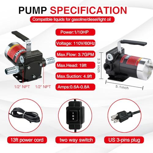 TOPWAY 110V AC Gasoline Fuel Pump 3.7GPM Self-priming Oil Transfer Pump With Handle, Reversible Pumping, Overheat Protection, Explosion-Proof, for Gasoline Fuel Diesel Kerosene Removal - Thumbnail 3