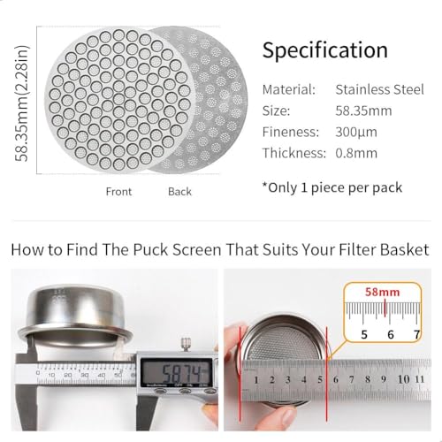 watchget Espresso-Pucksieb, wiederverwendbar, Netz, Kaffeefilter, 0,8 mm dick, Pucksieb, Edelstahl, untere Duschwand, für 58 mm Protafilter-Korb, 58,35 mm