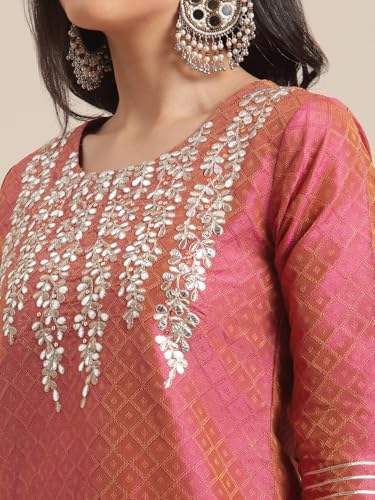 Image of Varanga Women Blue Floral Printed Round Neck with Placket Embellished with Sequin and Tassel, Straight Kurta with Three Quarter Sleeves