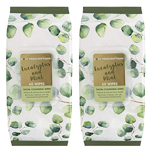 Body Prescriptions 2 Pack (60 Count Each) Eucalyptus and Mint Facial Cleansing and Gentle Make Up Remover Wipes – Flip Top Pack