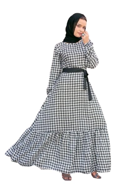 Black white Crepe Fabric no transparency Gathering Pattern Geometric Print Abaya Bishop Sleeves with Elastic Cuffs Abaya-picture-21