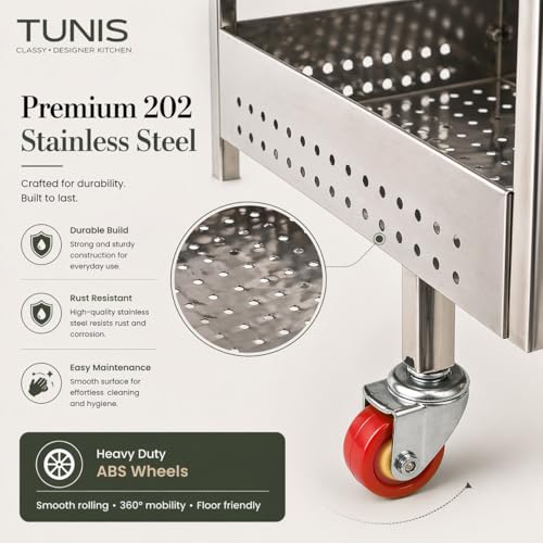 Image of TUNIS 2 Tier 202 Premium Stainless Steel Kitchen Storage Trolley with 360 Rotating Wheels | Multipurpose Vegetable & Fruit Rack Organizer | Movable Storage Cart for Kitchen, Pantry & Home