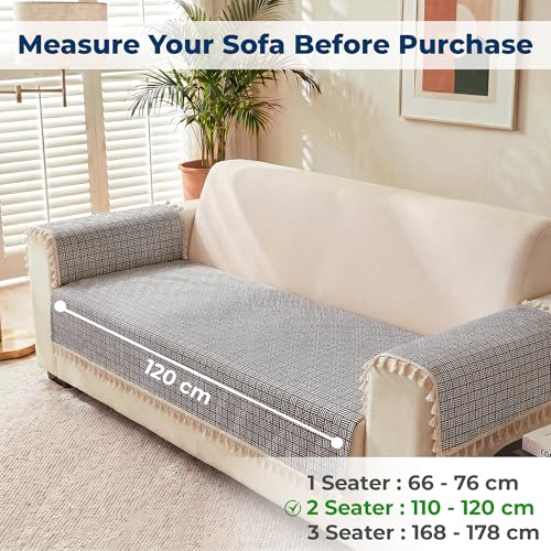 Image of Story@Home Quilted Anti Slip Sofa Cover Mat with 2 Armrest Cover, 2 Seater Velvet Sofa Protector with Tassels | Sofa Cover Mat for 1 /2 /3 Seater & L-Shape Sofa - 76 x 122 Cm - Navy Blue & White