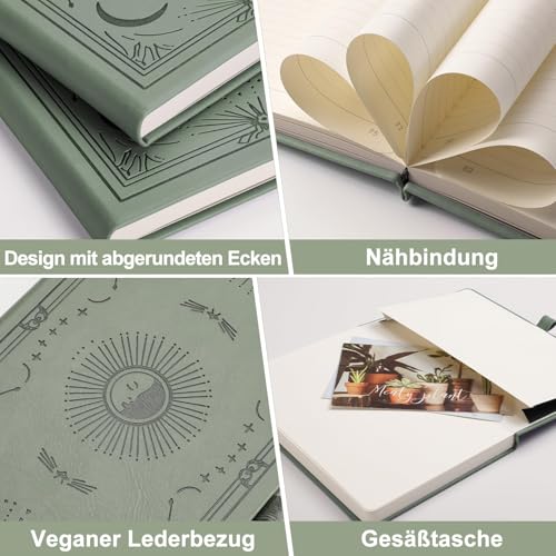 LOAPEM Notizbuch A5 Gepunktet, Tagebuch für Erwachsene–192 Seiten, 100gsm Hardcover Notizbuch Dotted mit Sonne-Mond-Design für Frauen und Männer für Arbeit, Schule, Reise journal, Geschenk, Grün