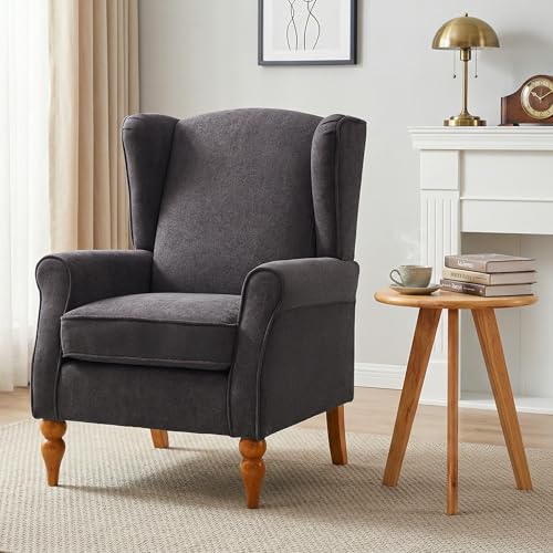 Dark Grey Wingback Accent Chair with Wooden Legs