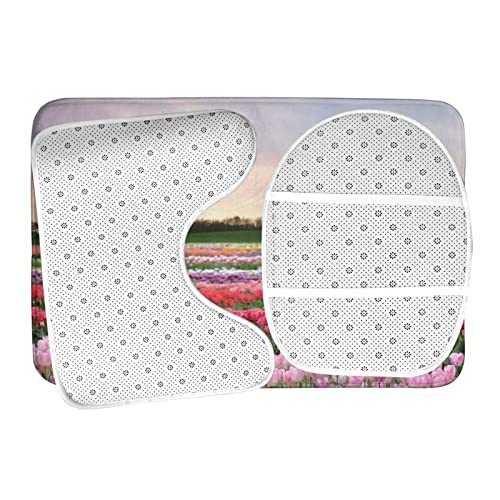 DIRYKILP Badematte + Konturmatte + Toilettendeckelbezug, schönes Blumenfeld 3 Stück Badematte Set, mit rutschfester Klebeunterseite – Bild 7
