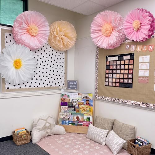 Image of Chunful 5 Pcs 30'' 24'' Pink Giant Tissue Paper Flowers for Back to School Decor Large Hanging Crepe Paper Pom Poms for First Day of School Bulletin Board Welcome Party Decor
