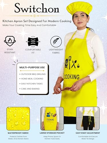 Image of Waterproof Polyester Printed Cooking Apron with Large Front Pocket & Chef Cap - Free Size | Kitchen, Home, Hotel, Cafe & Restaurant Use