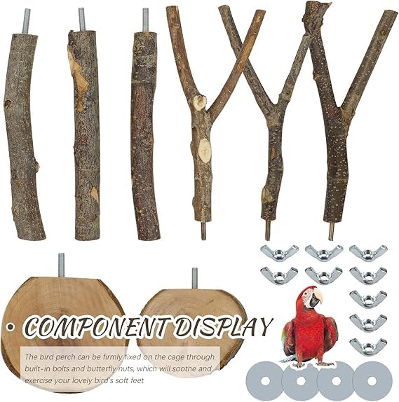 Image of 8 Pieces Natural Wood Bird Perch Wooden Parrot Perch Stand Fork Toys Hanging Multi-Branch Perch Platform Hammock Swing Toy for Macaws, Small Parakeets, Conures, Budgies, Finches