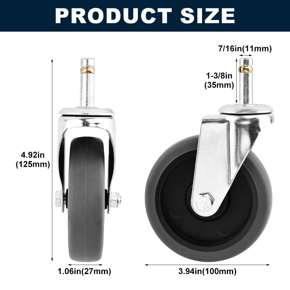 4 Stück 10,2 cm Lenkrollen mit Schaft-Durchmesser, Gummirad, robuste TPR-Ersatzräder für Rubbermaid Mopp, Eimer, Wagen, Grillrollen