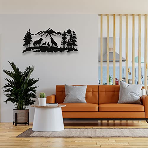 Metal Wall Art, Metal Wolves Family Art, Nature Wall Art, Wolf, Mountain And Tree Decor, Metal Wall Decor (24"W X 10"H / 60X26 Cm) #TOP2