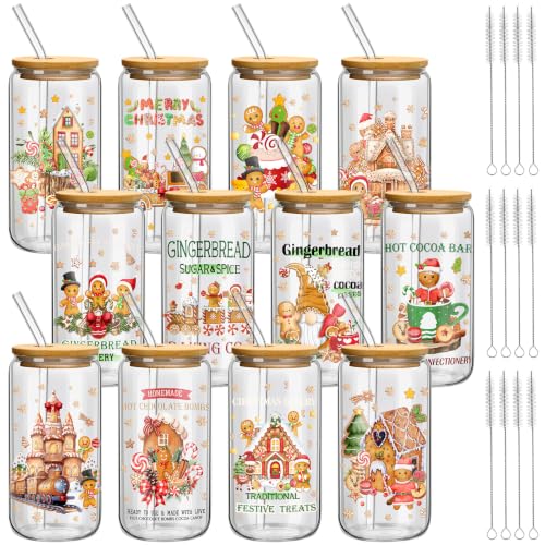Teenyyou 12 Sets Christmas Glasses Cups with Bamboo Lid and Glass Straw, 16 oz Gingerbread Christmas Glass Jar Drinking Cups, Festive Snowman Elk Coffee Cup for Women Men Xmas Holiday Party Gifts