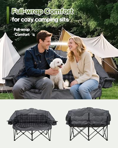 Double Camping Chair Padded Loveseat Camping Couch, Oversized 2 Person Camp Chairs with 2 in 1 Carry Bag, Heavy Duty Folding Lawn Chair Sofa with Cup Holders for Adults Patio Backyard Beach, Gray - view 2