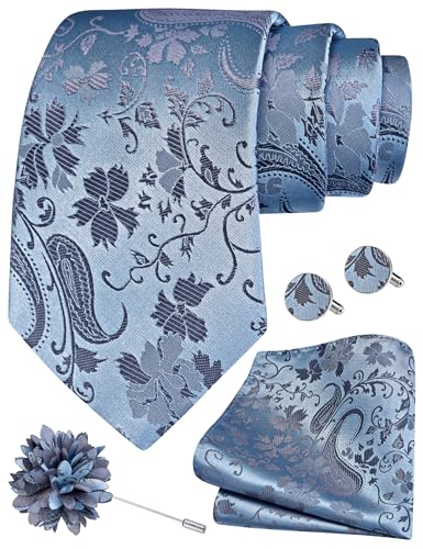 Image of GUSLESON Paisley Tie Set for Men 3.15 inch Necktie Lapel Pin Hankerchief Cufflinks Set for Men