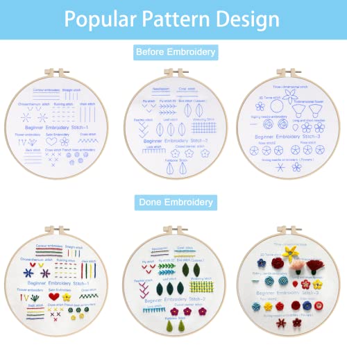 Embroidery Kit Beginners Embroidery Stitch Practice Kit, Chfine 3 Sets Hand Embroidery Starter Kit With 1 Hoop Learn 25 Different Stitches For Craft Lover Adult Stitch With Embroidery Skill Techniques #TOP2
