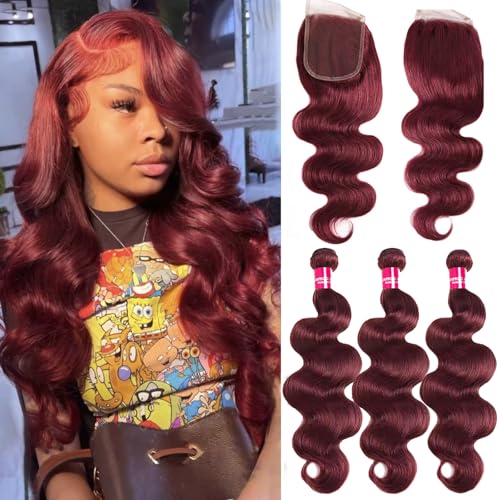 Teveshine 99j Burgundy Bundles with Closure Human Hair Red human hair bundles with 4x4 lace closure body wave 18 20 22+18 Brazilian Body Wave Virgin Hair
