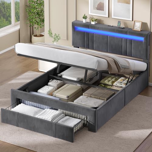 AGOLLATI Camas Matrimoniales 140x200 con Almacenamiento Hidráulico, Somier Tapizado con LED Cama Juvenil Canapé con Estación de Carga Cama con Cabecero Ajustable y Cajones Marco de Cama Terciopelo
