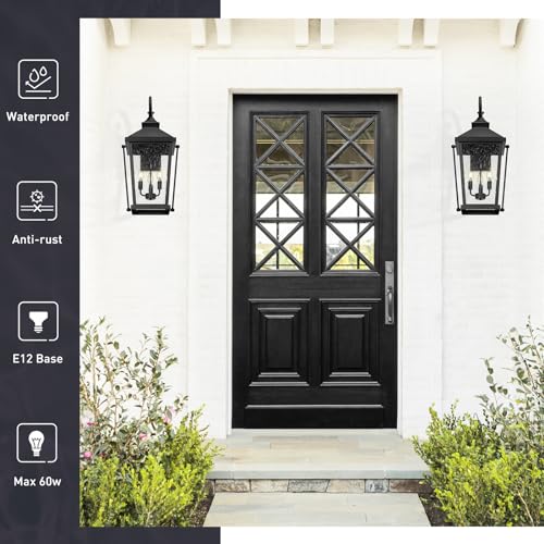 Image of zeyu 27 Inch Outdoor Wall Lamp, 3-Light Large Outdoor Wall Lighting for House Porch, Die-Cast Aluminum in Black Finish, Seeded Glass, ZW105B-L BK