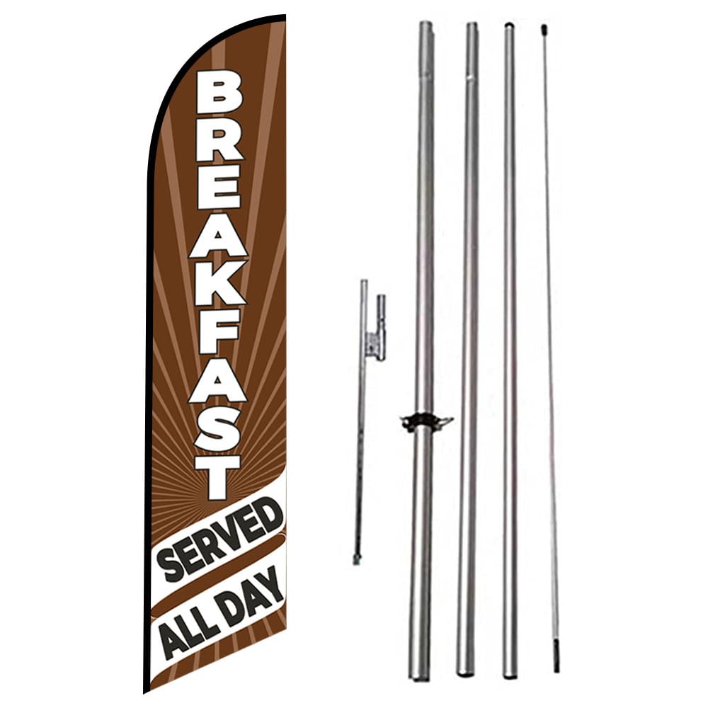 Breakfast Served All Day (Brown/White) Swooper Feather Flag for Restaurant or Cafe Advertising Sign Feather Flag Banner with Complete Pole Kit and Ground Stake