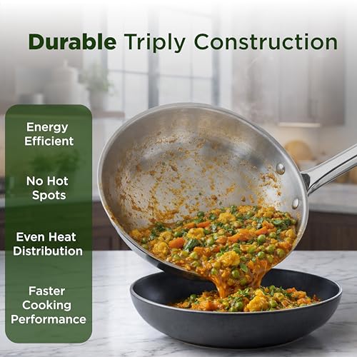 Image of ENSIS Triply Stainless Steel Frying Pan with Lid 22cm 1.25L | Heavy Bottom Skillet for Indian Kitchen | 304 Food Grade Toxin Free | Induction & Gas Friendly | 5 Year Warranty by PNB Kitchenmate